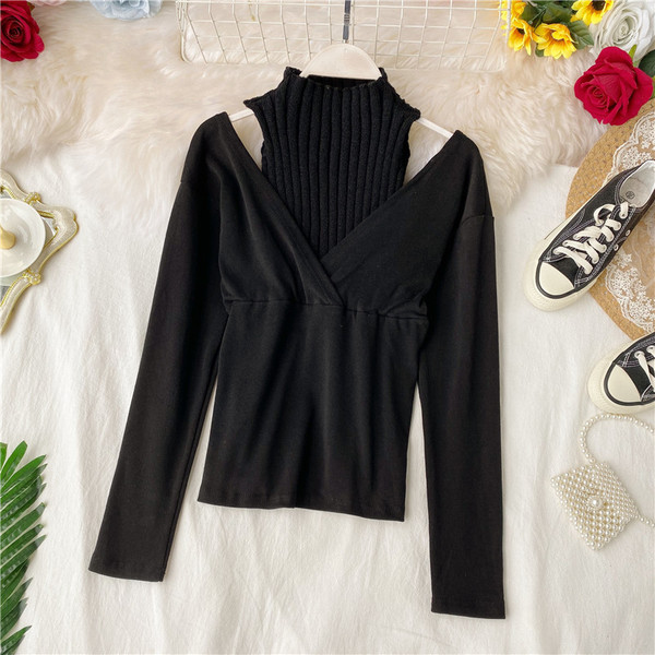 Bluză de damă modernă cu guler înalt și umeri goi în cinci culori