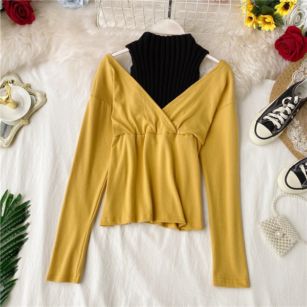 Bluză de damă modernă cu guler înalt și umeri goi în cinci culori