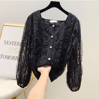 Γυναικείο πουκάμισο με πέρλες και τετράγωνο ντεκολτέ σε τέσσερα χρώματα