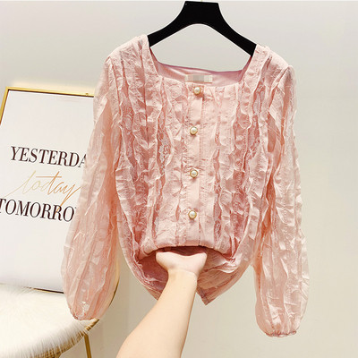 Γυναικείο πουκάμισο με πέρλες και τετράγωνο ντεκολτέ σε τέσσερα χρώματα