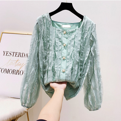 Γυναικείο πουκάμισο με πέρλες και τετράγωνο ντεκολτέ σε τέσσερα χρώματα