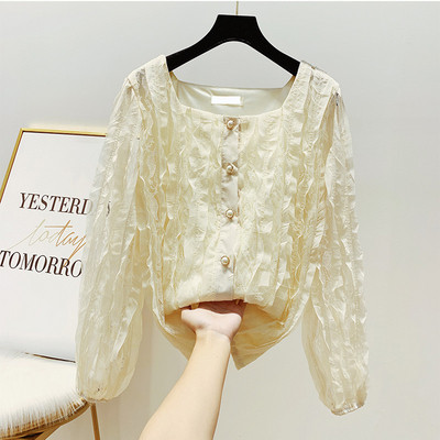 Γυναικείο πουκάμισο με πέρλες και τετράγωνο ντεκολτέ σε τέσσερα χρώματα