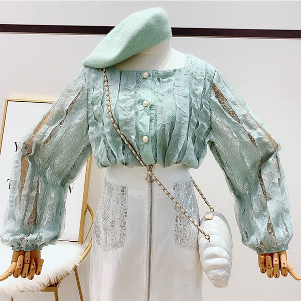 Γυναικείο πουκάμισο με πέρλες και τετράγωνο ντεκολτέ σε τέσσερα χρώματα