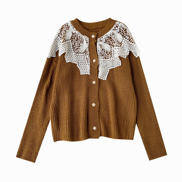 Vesta de dama moderna cu nasturi si dantela de culoare maro