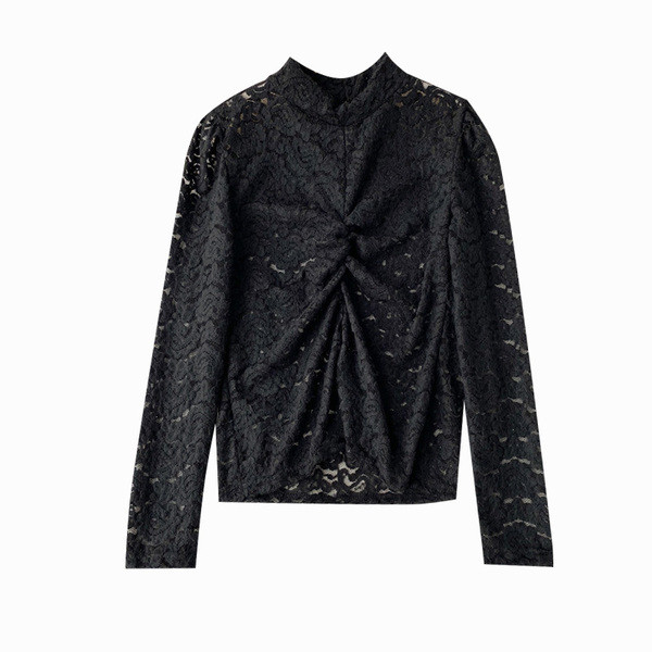Bluză de damă modernă din dantelă cu guler înalt în alb-negru