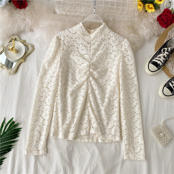 Bluză de damă modernă din dantelă cu guler înalt în alb-negru