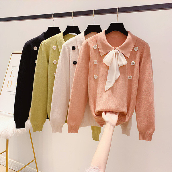 Γυναικείο πουλόβερ με κουμπιά και κορδέλα σε διάφορα χρώματα