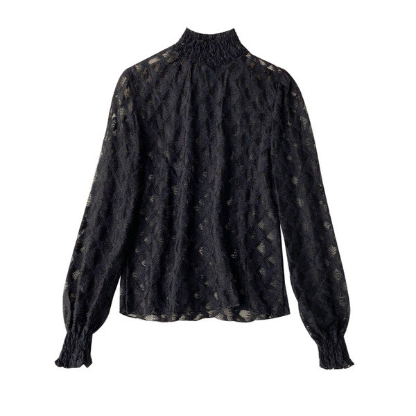 Modern női csipkeblúz magas gallérral bézs, fehér és fekete színben