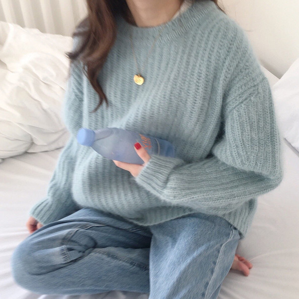 Pulover de dama modern model larg in albastru si roz