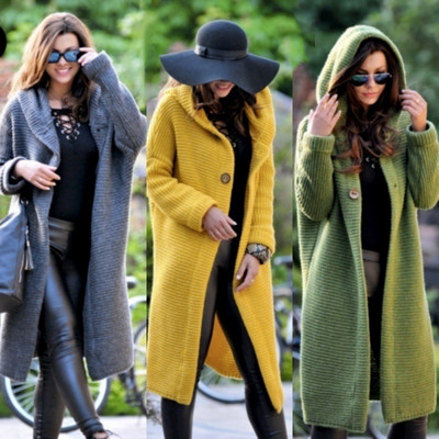 Modern women`s long cardigan with buttons and hood in four colors