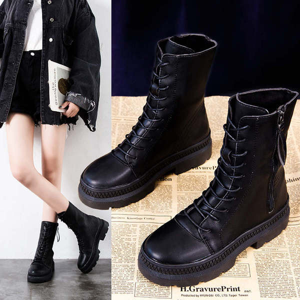 Cizme de dama cu sireturi si talpa aspra de culoare neagra - doua modele