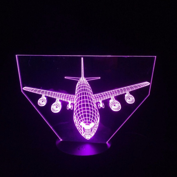 Night 3D LED lamp with touch control of colors in the shape of an airplane