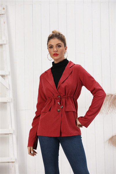Geaca de dama de toamna cu cravate si nasturi in rosu