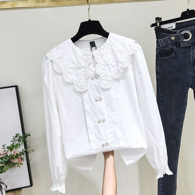 Cămașă de damă modernă cu broderie și nasturi în maro și alb