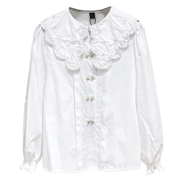 Cămașă de damă modernă cu broderie și nasturi în maro și alb
