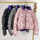 Geaca scurta de dama in roz si negru cu efect stralucitor