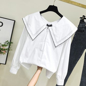 Cămașă modernă de damă cu mâneci lungi și nasturi în alb și albastru