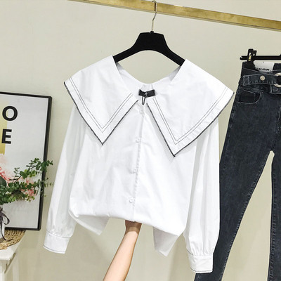 Cămașă modernă de damă cu mâneci lungi și nasturi în alb și albastru