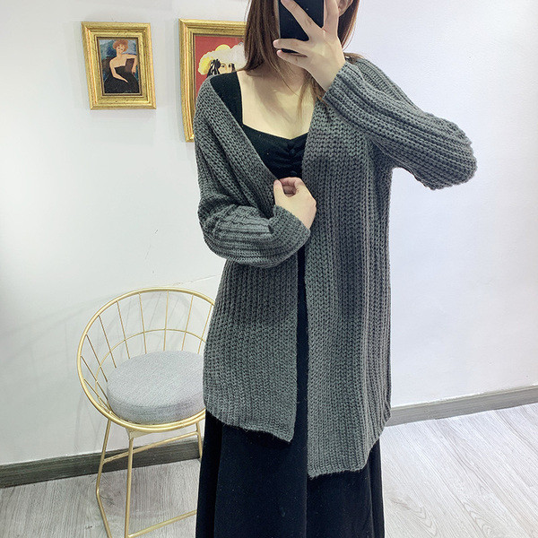 Cardigan lung tricotat fără închidere în galben și gri