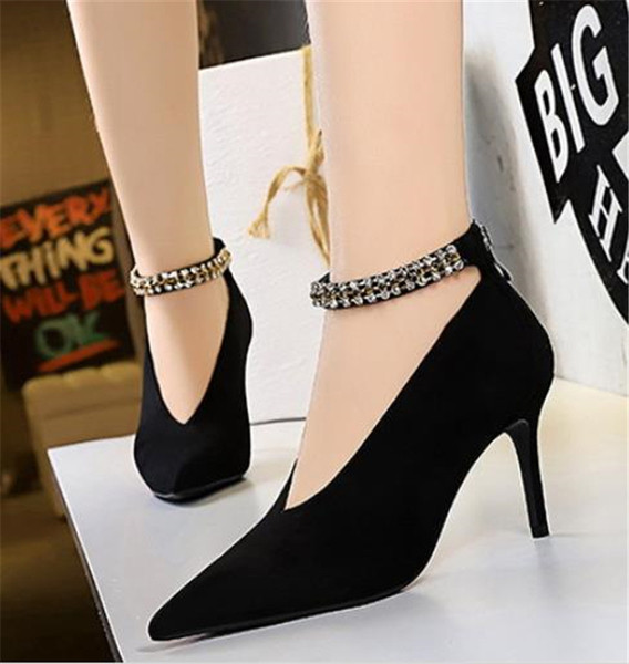 Pantofi de dama eleganti model ascutit cu pietre si toc subtire in trei culori