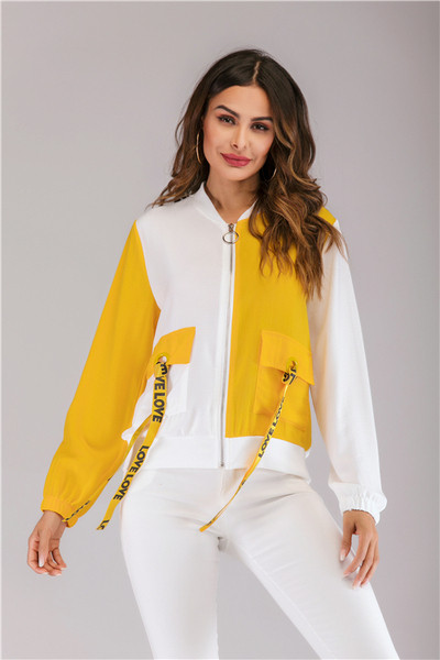 Geaca de toamna casual de dama cu buzunare si fermoar de culoare galbena