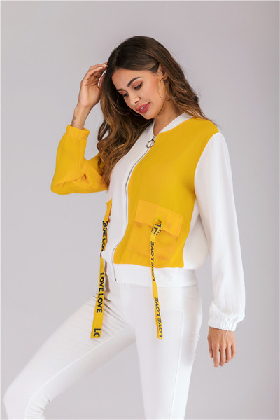 Geaca de toamna casual de dama cu buzunare si fermoar de culoare galbena