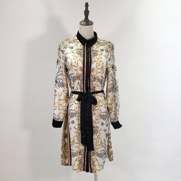 Rochie scurta cu guler clasic si cravate cu model floral