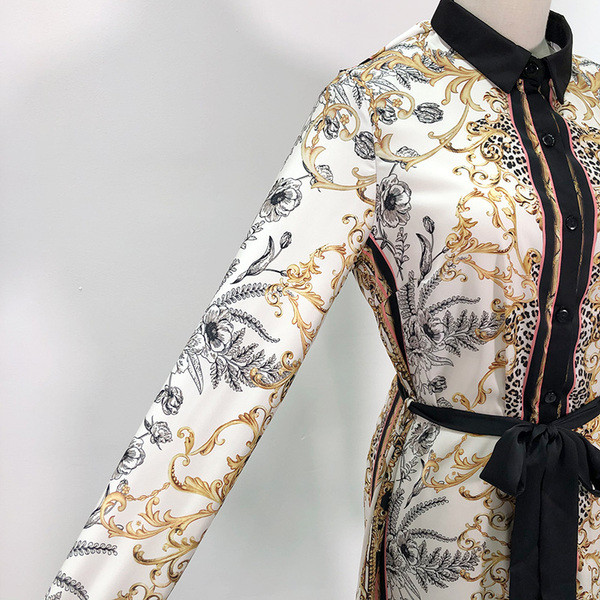 Rochie scurta cu guler clasic si cravate cu model floral