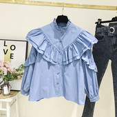 Camasa de dama model nou cu guler polo in albastru si alb