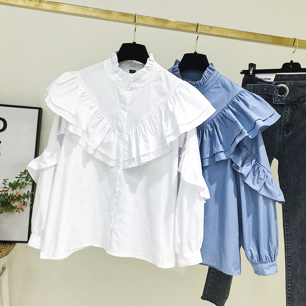 Camasa de dama model nou cu guler polo in albastru si alb