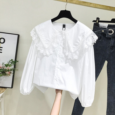 Cămașă casual de damă cu dantelă și decolteu O în culoarea albă