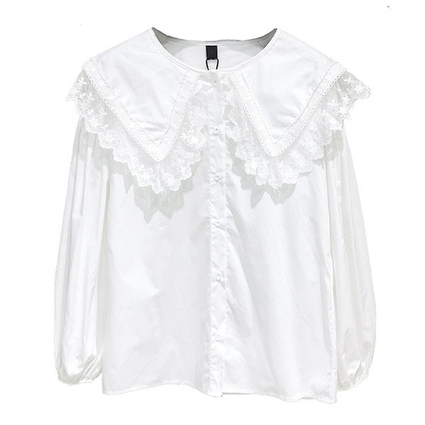 Cămașă casual de damă cu dantelă și decolteu O în culoarea albă