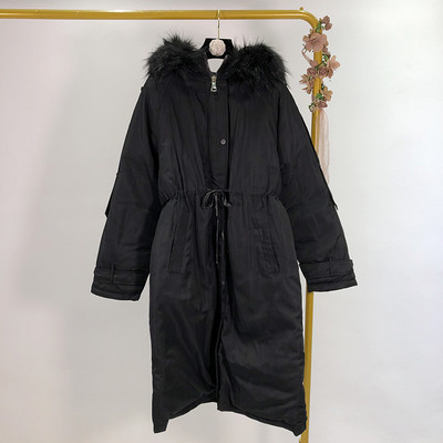 Geaca de iarna lunga cu fermoar si gluga cu puf in bej si negru