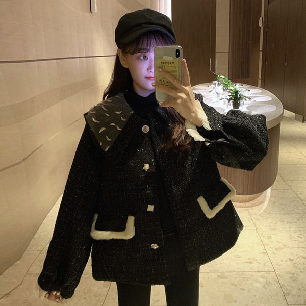 Palton modern de dama in negru cu buzunare