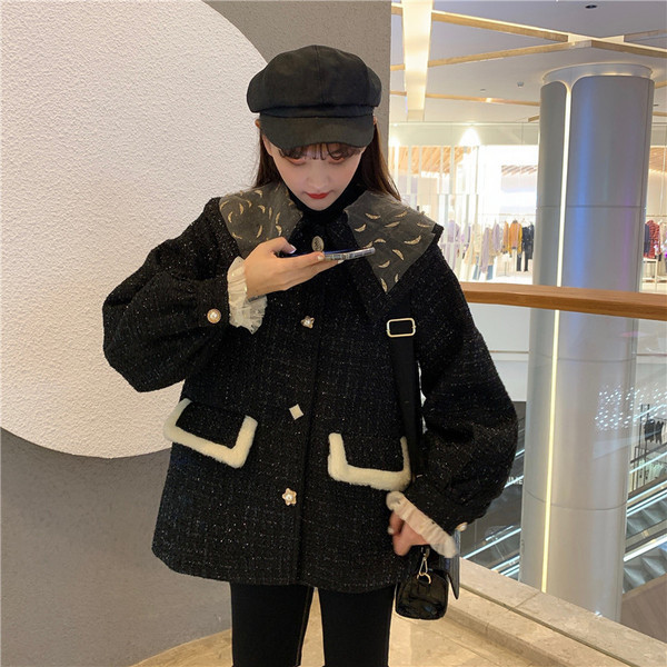 Palton modern de dama in negru cu buzunare