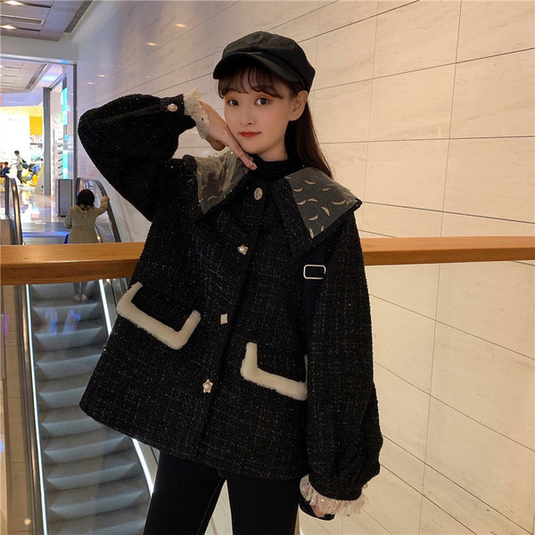 Palton modern de dama in negru cu buzunare