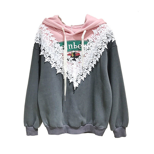 Hanorac de dama modern cu gluga si aplicatie in gri si rosu