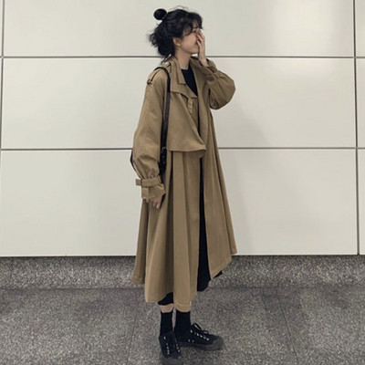 Дамско акатуално дълго тънко палто широк модел в кафяв цвят