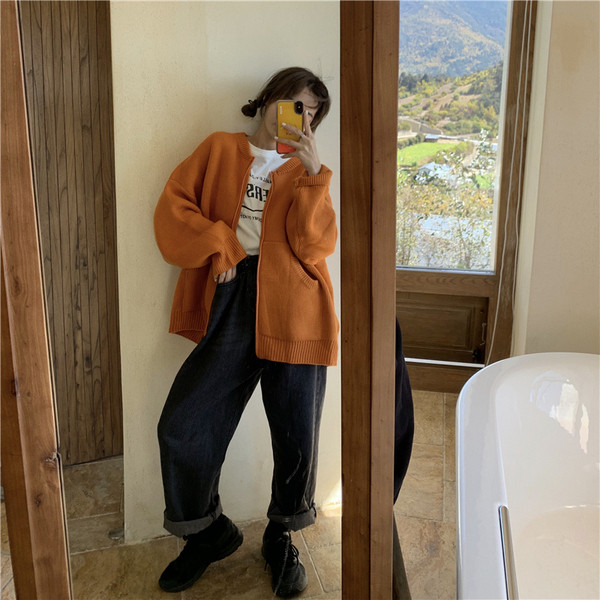 Cardigan casual dama model larg de culoare portocalie cu fermoar