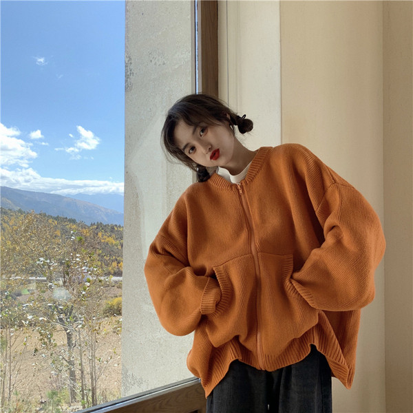 Cardigan casual dama model larg de culoare portocalie cu fermoar