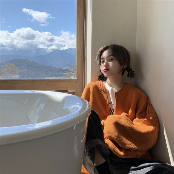 Cardigan casual dama model larg de culoare portocalie cu fermoar