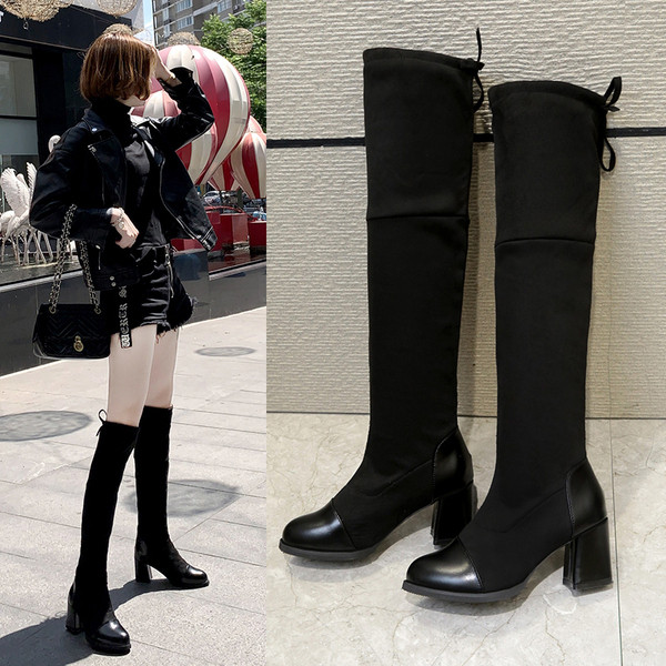 Cizme moderne de dama cu toc gros in negru