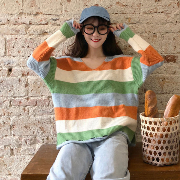 Bluză casual de damă tricotată cu dungi în două culori