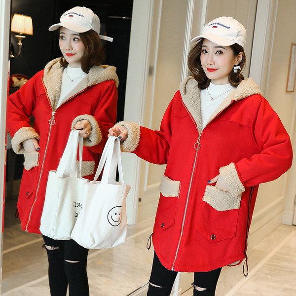 Modern women`s jacket with a hood and soft lining in two colors suitable for pregnant women