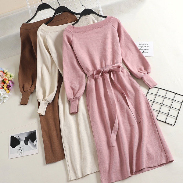 Rochie de dama cu maneca lunga cu curea in mai multe culori