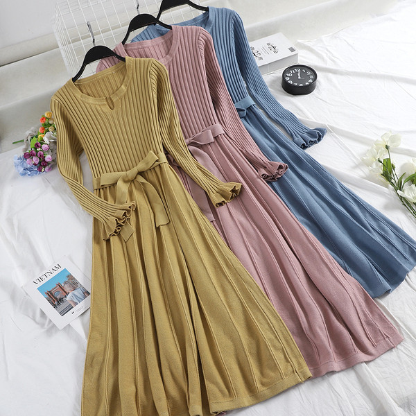 Rochie de dama cu maneci lotus si curea in patru culori