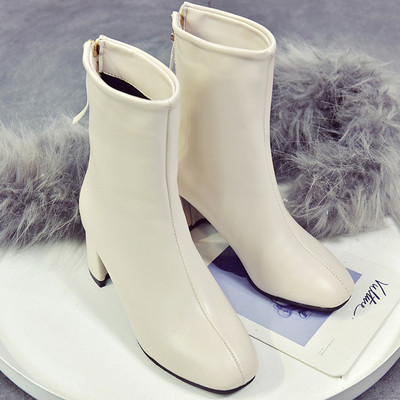 Cizme de dama din piele cu toc gros in negru si bej