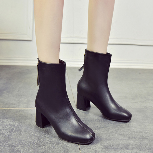 Cizme de dama din piele cu toc gros in negru si bej