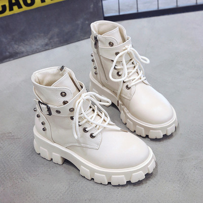 Cizme de dama din piele cu platforma inalta in alb si negru