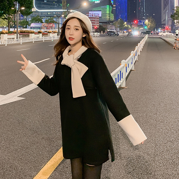 Modern női ruha hosszú ujjal, fekete színben, terhes nők számára